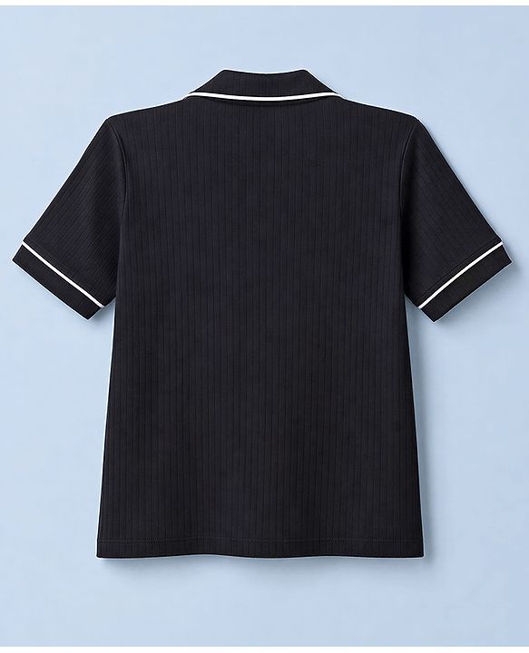 Pine Kids Cotton Knit Half Sleeves Co-Ords Shirt & Pyjama Solid Night Suit with Bow Applique - Black