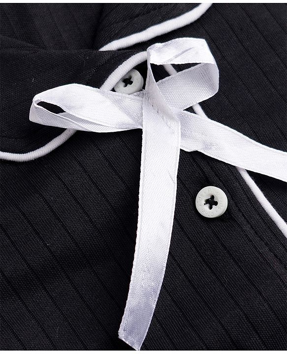 Pine Kids Cotton Knit Half Sleeves Co-Ords Shirt & Pyjama Solid Night Suit with Bow Applique - Black