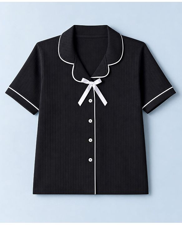 Pine Kids Cotton Knit Half Sleeves Co-Ords Shirt & Pyjama Solid Night Suit with Bow Applique - Black