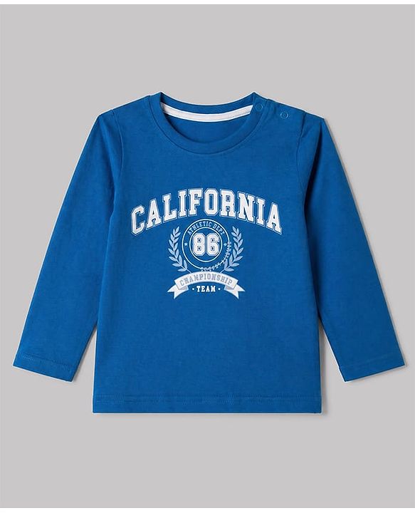 Babyhug 100% Cotton Knit Full Sleeves Striped T-Shirts with California 86 Championship Text Print Pack of 3 - Light Blue, Mustard, Blue