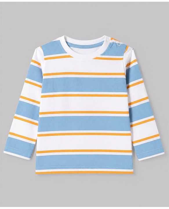 Babyhug 100% Cotton Knit Full Sleeves Striped T-Shirts with California 86 Championship Text Print Pack of 3 - Light Blue, Mustard, Blue