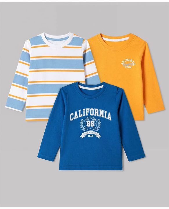 Babyhug 100% Cotton Knit Full Sleeves Striped T-Shirts with California 86 Championship Text Print Pack of 3 - Light Blue, Mustard, Blue