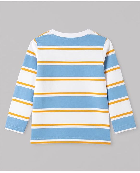 Babyhug 100% Cotton Knit Full Sleeves Striped T-Shirts with California 86 Championship Text Print Pack of 3 - Light Blue, Mustard, Blue