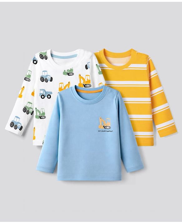 Babyhug 100% Cotton Knit T-Shirt with Full Sleeves and Construction Vehicles Print Pack of 3 - Blue Yellow White