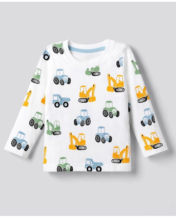 Babyhug 100% Cotton Knit T-Shirt with Full Sleeves and Construction Vehicles Print Pack of 3 - Blue Yellow White