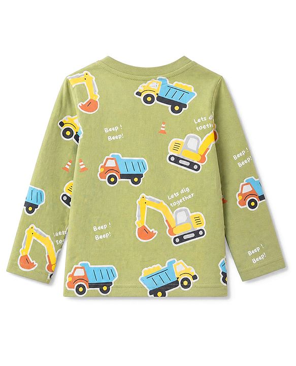 Babyhug 100% Cotton Knit Full Sleeves T-Shirts with Construction Vehicles Print Pack of 3 in Yellow Green