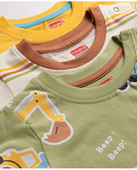 Babyhug 100% Cotton Knit Full Sleeves T-Shirts with Construction Vehicles Print Pack of 3 in Yellow Green