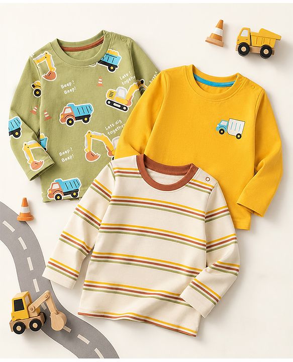 Babyhug 100% Cotton Knit Full Sleeves T-Shirts with Construction Vehicles Print Pack of 3 in Yellow Green
