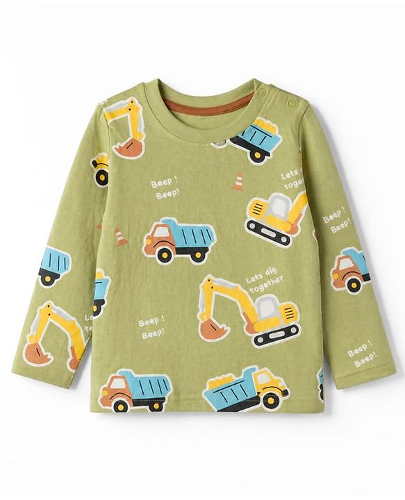 Babyhug 100% Cotton Knit Full Sleeves T-Shirts with Construction Vehicles Print Pack of 3 in Yellow Green