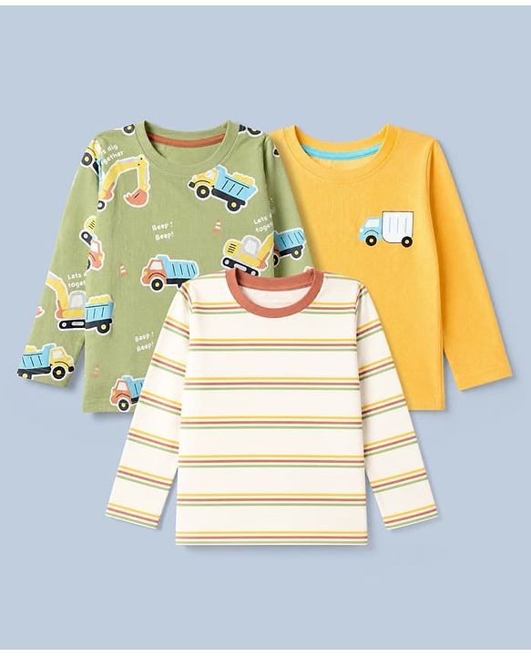 Babyhug 100% Cotton Knit Full Sleeves T-Shirts with Construction Vehicles Print Pack of 3 in Yellow Green