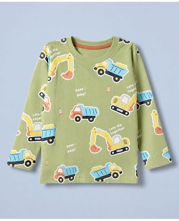 Babyhug 100% Cotton Knit Full Sleeves T-Shirts with Construction Vehicles Print Pack of 3 in Yellow Green