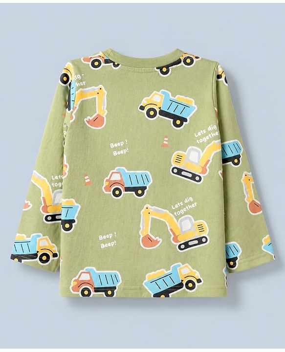 Babyhug 100% Cotton Knit Full Sleeves T-Shirts with Construction Vehicles Print Pack of 3 in Yellow Green