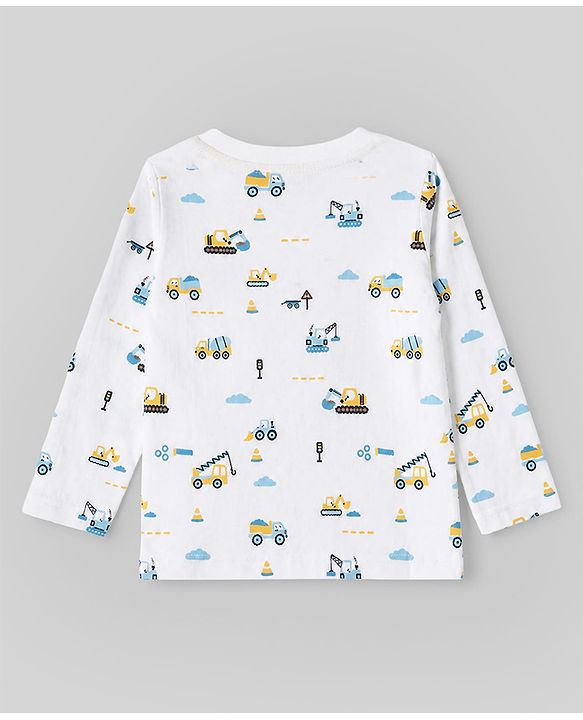 Babyhug 100% Cotton Knit T-Shirts with Full Sleeves and Construction Vehicles Print Pack of 3 - Yellow White Navy Blue