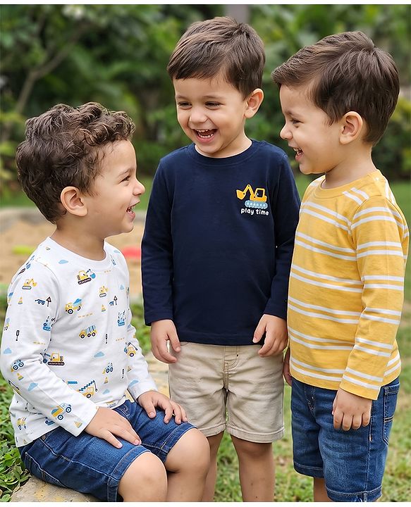 Babyhug 100% Cotton Knit T-Shirts with Full Sleeves and Construction Vehicles Print Pack of 3 - Yellow White Navy Blue