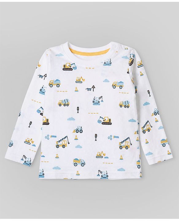 Babyhug 100% Cotton Knit T-Shirts with Full Sleeves and Construction Vehicles Print Pack of 3 - Yellow White Navy Blue