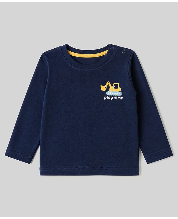 Babyhug 100% Cotton Knit T-Shirts with Full Sleeves and Construction Vehicles Print Pack of 3 - Yellow White Navy Blue
