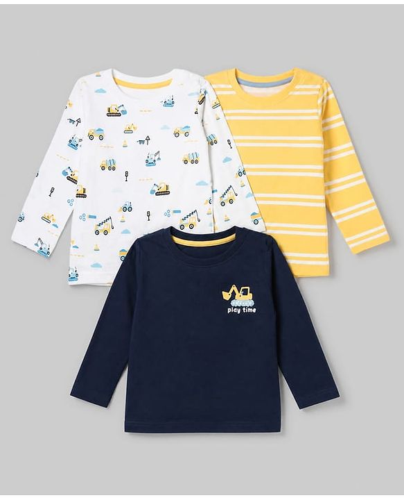 Babyhug 100% Cotton Knit T-Shirts with Full Sleeves and Construction Vehicles Print Pack of 3 - Yellow White Navy Blue