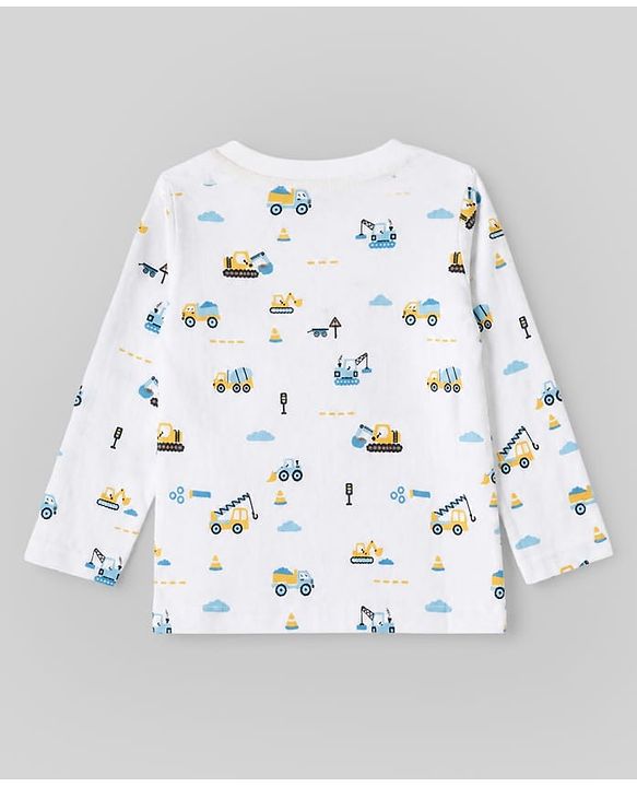 Babyhug 100% Cotton Knit T-Shirts with Full Sleeves and Construction Vehicles Print Pack of 3 - Yellow White Navy Blue