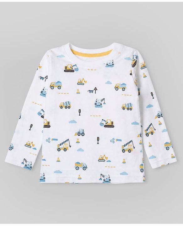 Babyhug 100% Cotton Knit T-Shirts with Full Sleeves and Construction Vehicles Print Pack of 3 - Yellow White Navy Blue