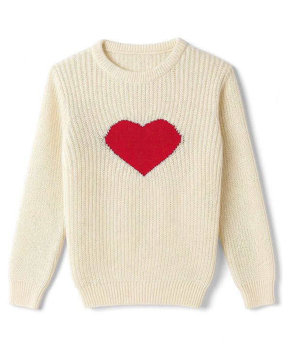 Pine Kids Female Knit Full Sleeves Sweater Set with Heart Design - Off White