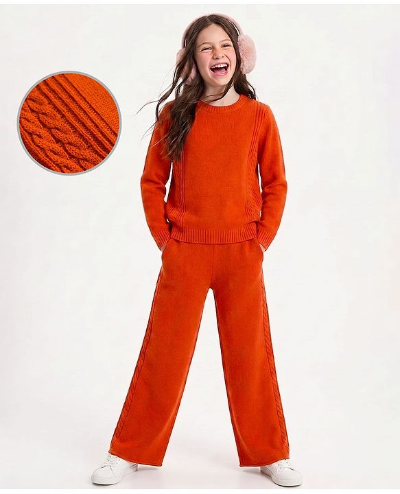 Pine Kids Knit Full Sleeves Sweater Set - Orange