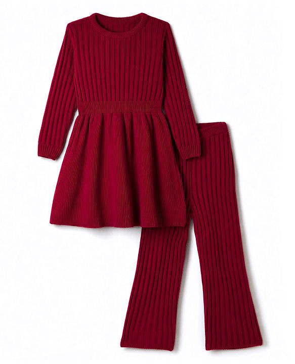 Pine Kids Knit Full Sleeves Solid Sweater Set - Red