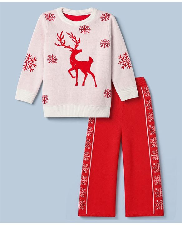 Pine Kids Knit Sweater Set with Full Sleeves and Reindeer Design in Red