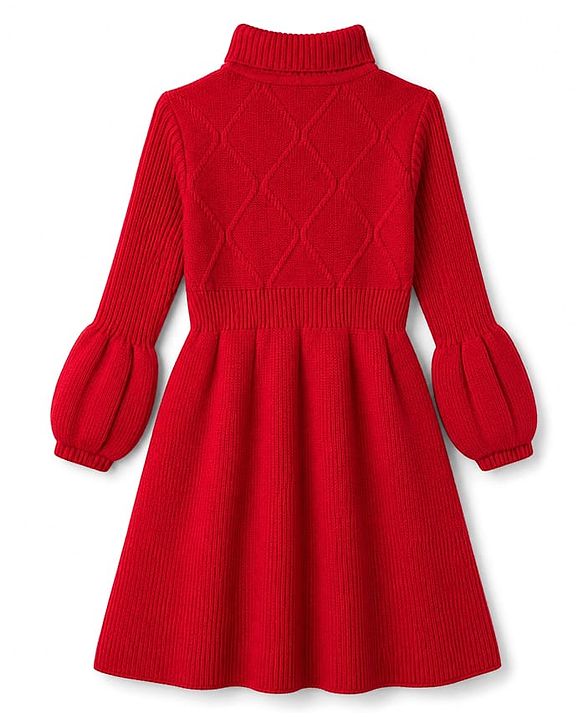 Pine Kids Knit Full Sleeves Winter Dress - Red