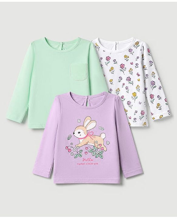 Babyhug 100% Cotton Knit T-Shirts with Full Sleeves and Floral Bunny Print Pack of 3 - Mint Green White Lavender