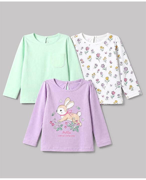 Babyhug 100% Cotton Knit T-Shirts with Full Sleeves and Floral Bunny Print Pack of 3 - Mint Green White Lavender