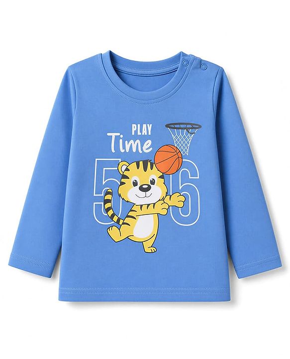 Babyhug 100% Cotton Knit Full Sleeves T-Shirt & Pyjama Night Suit With Tiger & Basket Ball Print - Blue