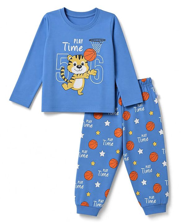 Babyhug 100% Cotton Knit Full Sleeves T-Shirt & Pyjama Night Suit With Tiger & Basket Ball Print - Blue