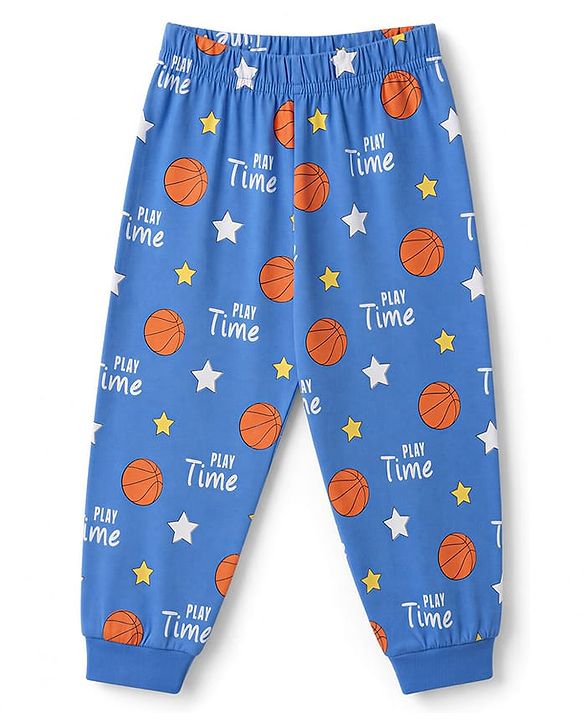 Babyhug 100% Cotton Knit Full Sleeves T-Shirt & Pyjama Night Suit With Tiger & Basket Ball Print - Blue