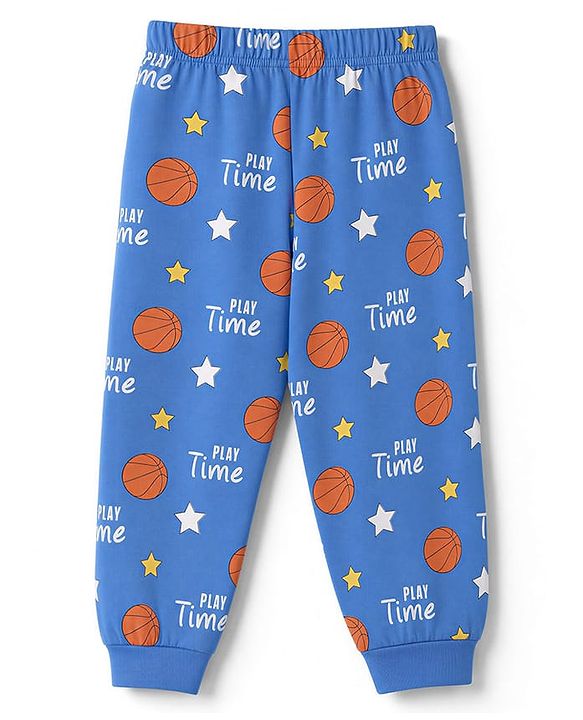 Babyhug 100% Cotton Knit Full Sleeves T-Shirt & Pyjama Night Suit With Tiger & Basket Ball Print - Blue