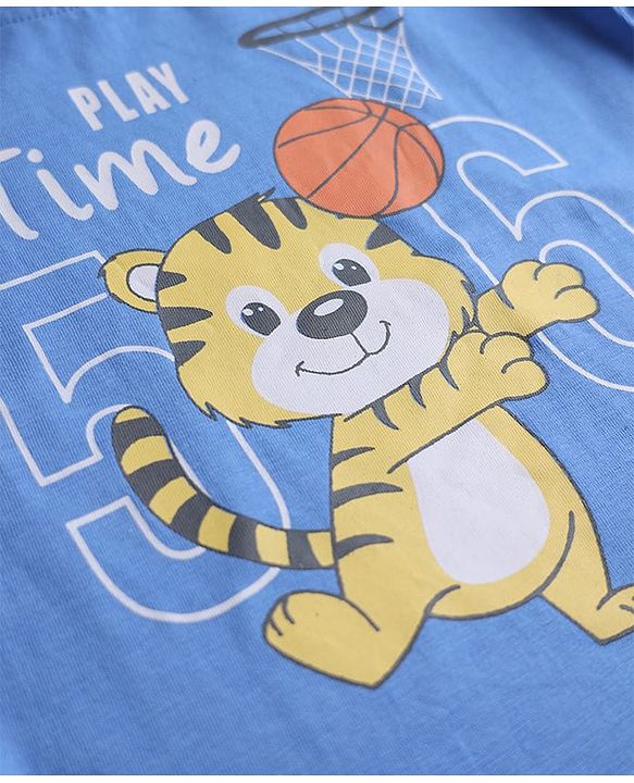 Babyhug 100% Cotton Knit Full Sleeves T-Shirt & Pyjama Night Suit With Tiger & Basket Ball Print - Blue