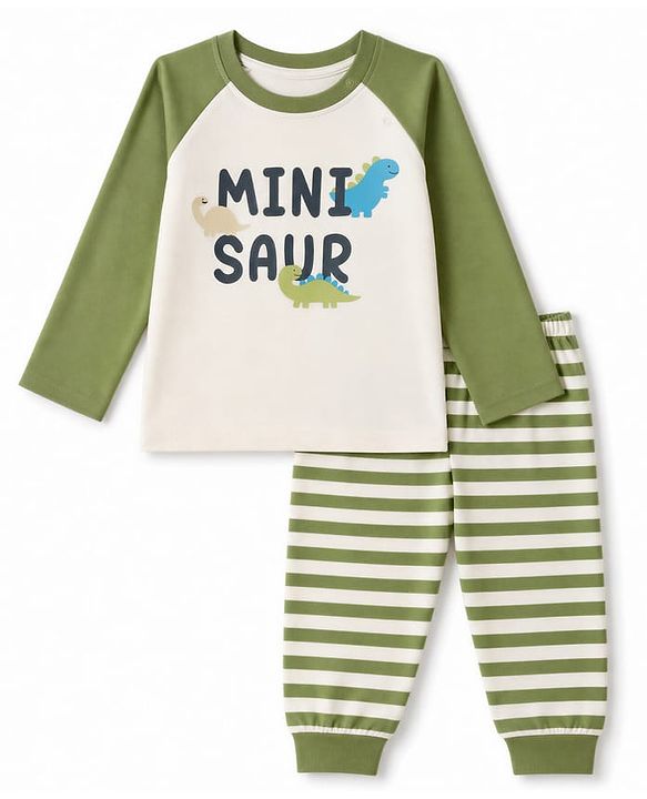 Babyhug 100% Cotton Knit Full Sleeves T-Shirt & Striped Pyjama Nightsuit with Mini Saur Print - Green