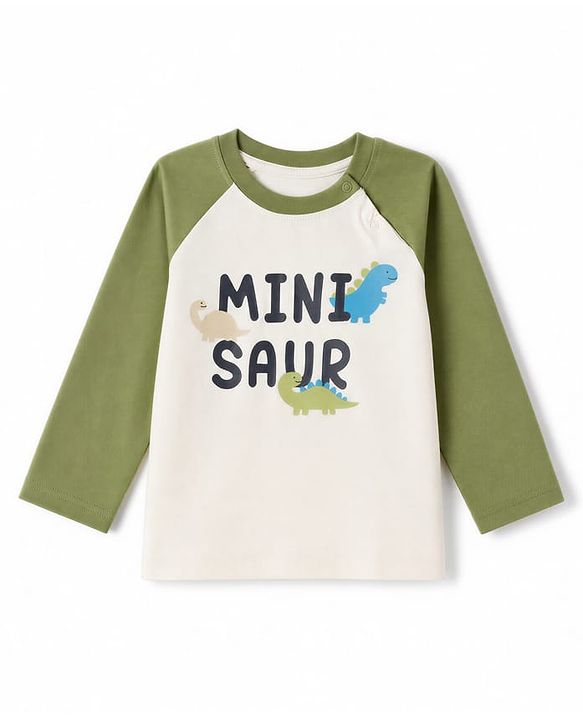 Babyhug 100% Cotton Knit Full Sleeves T-Shirt & Striped Pyjama Nightsuit with Mini Saur Print - Green
