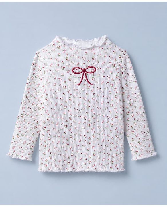 Babyhug Cotton Knit Full Sleeves Winter T-Shirt with Floral Print and Bow Embroidery in White for 6-9 Months