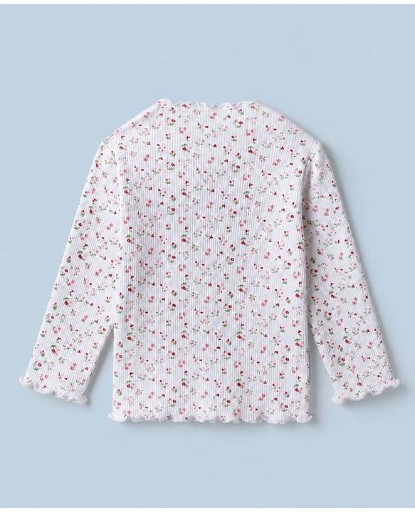 Babyhug Cotton Knit Full Sleeves Winter T-Shirt with Floral Print and Bow Embroidery in White for 6-9 Months