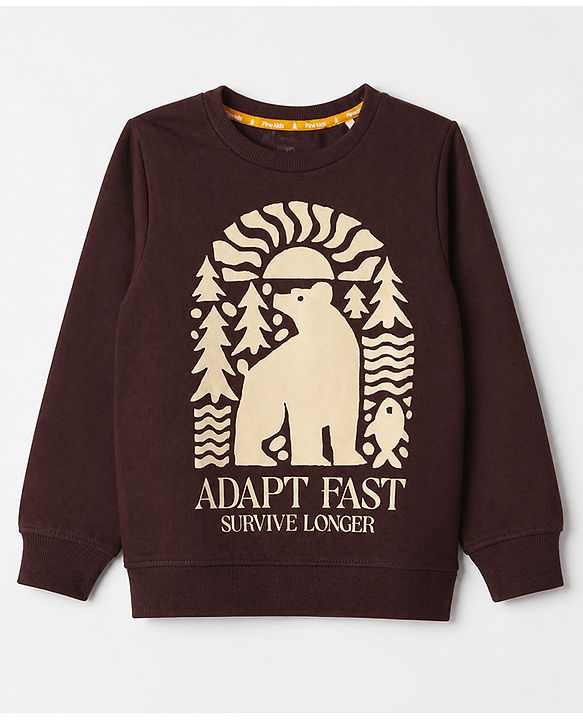 Pine Kids Cotton Mix Knit Sweatshirt with Full Sleeves and Bear Print - Brown