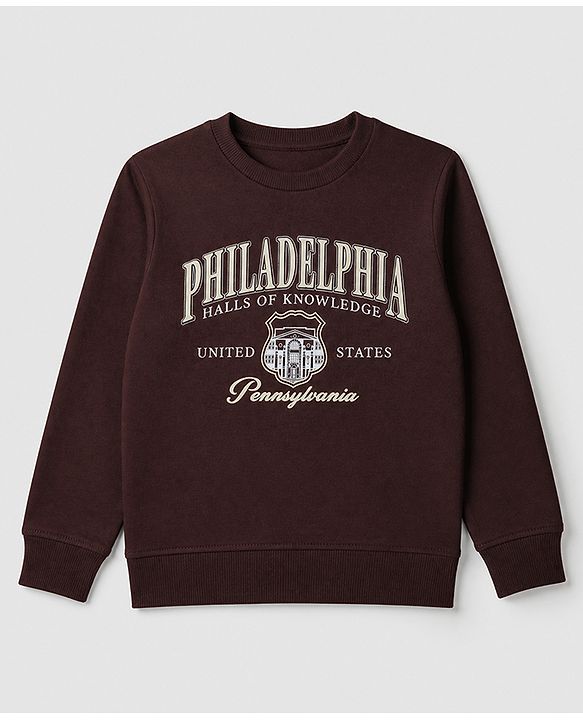 Pine Kids Cotton Mix Knit Sweatshirts With Full Sleeves and Philadelphia Text Print - Brown
