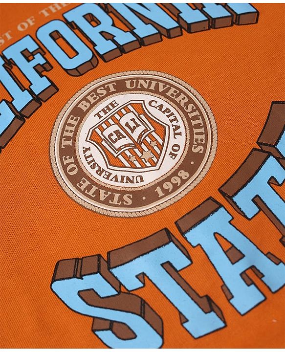 Pine Kids Cotton Mix Knit Sweatshirt with Full Sleeves and California State The Best Of The West Print in Orange