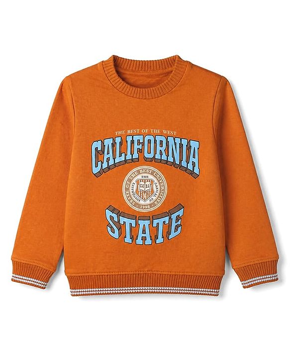 Pine Kids Cotton Mix Knit Sweatshirt with Full Sleeves and California State The Best Of The West Print in Orange