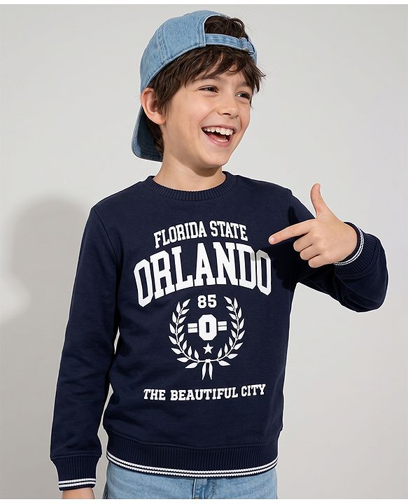 Pine Kids Cotton Mixes Knit Sweatshirt with Full Sleeves and Orlando Typography Print -Navy Blue