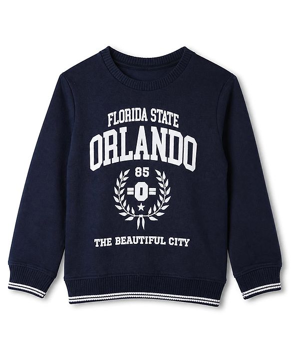 Pine Kids Cotton Mixes Knit Sweatshirt with Full Sleeves and Orlando Typography Print -Navy Blue