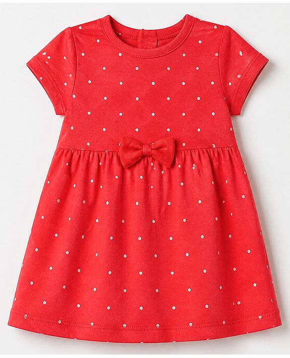 Babyhug Single Jersey Knit Cap Sleeves Polka Dots & Floral Printed Frock With Bow Applique Pack Of 2 - Red & White