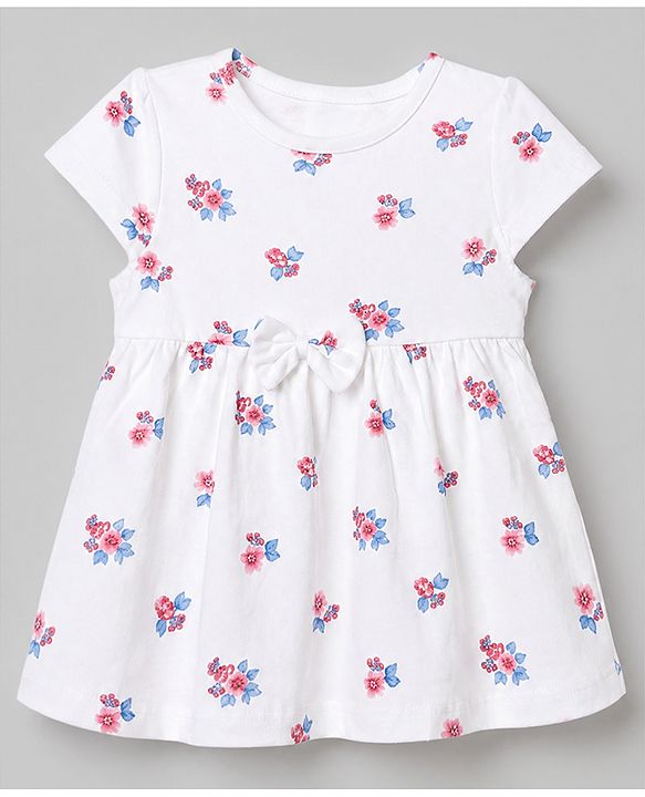 Babyhug Single Jersey Knit Cap Sleeves Polka Dots & Floral Printed Frock With Bow Applique Pack Of 2 - Red & White