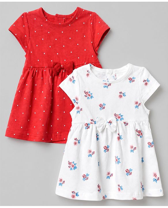 Babyhug Single Jersey Knit Cap Sleeves Polka Dots & Floral Printed Frock With Bow Applique Pack Of 2 - Red & White