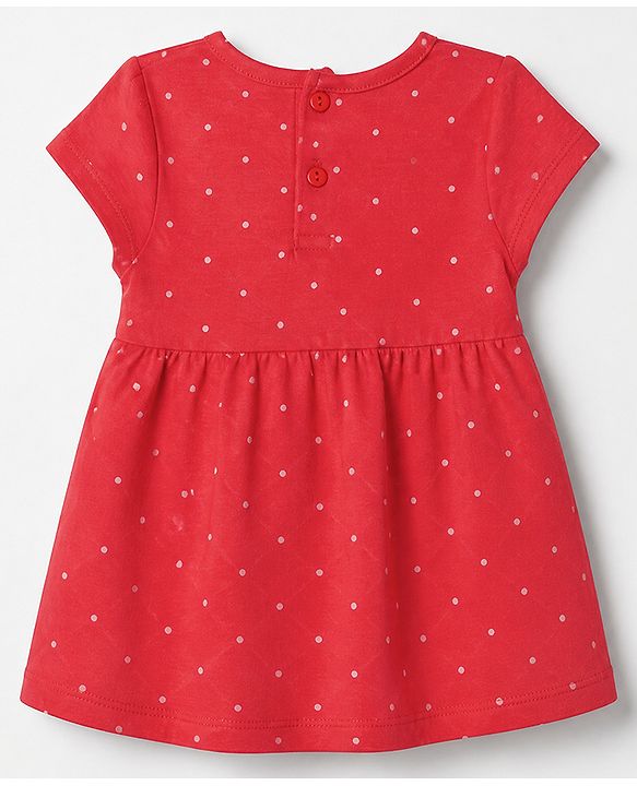 Babyhug Single Jersey Knit Cap Sleeves Polka Dots & Floral Printed Frock With Bow Applique Pack Of 2 - Red & White