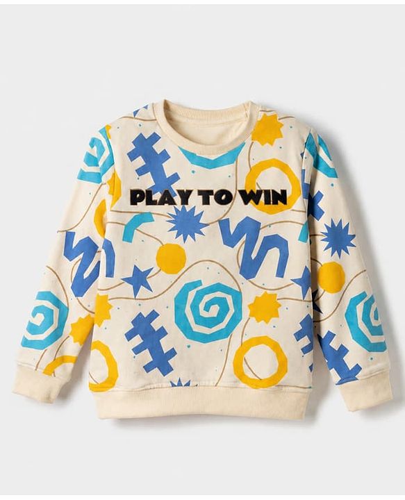 Pine Kids Cotton Mix Knit Sweatshirt with Full Sleeves and PLAY TO WIN Print in Offwhite
